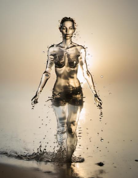 00067-_lora_Aether_Aqua_v1_SDXL_LoRA_1_ a photo of a woman made of water walking on a beach at sunrise, water drops.png